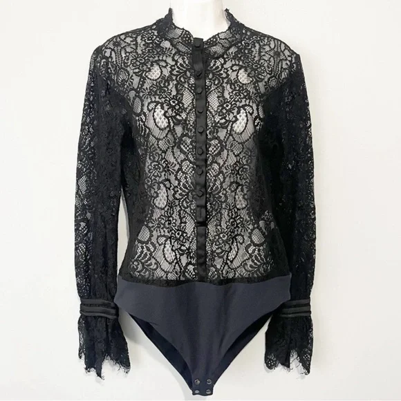 Jonathan Simkhai black lace long sleeve bodysuit button front size medium - Picture 2 of 8